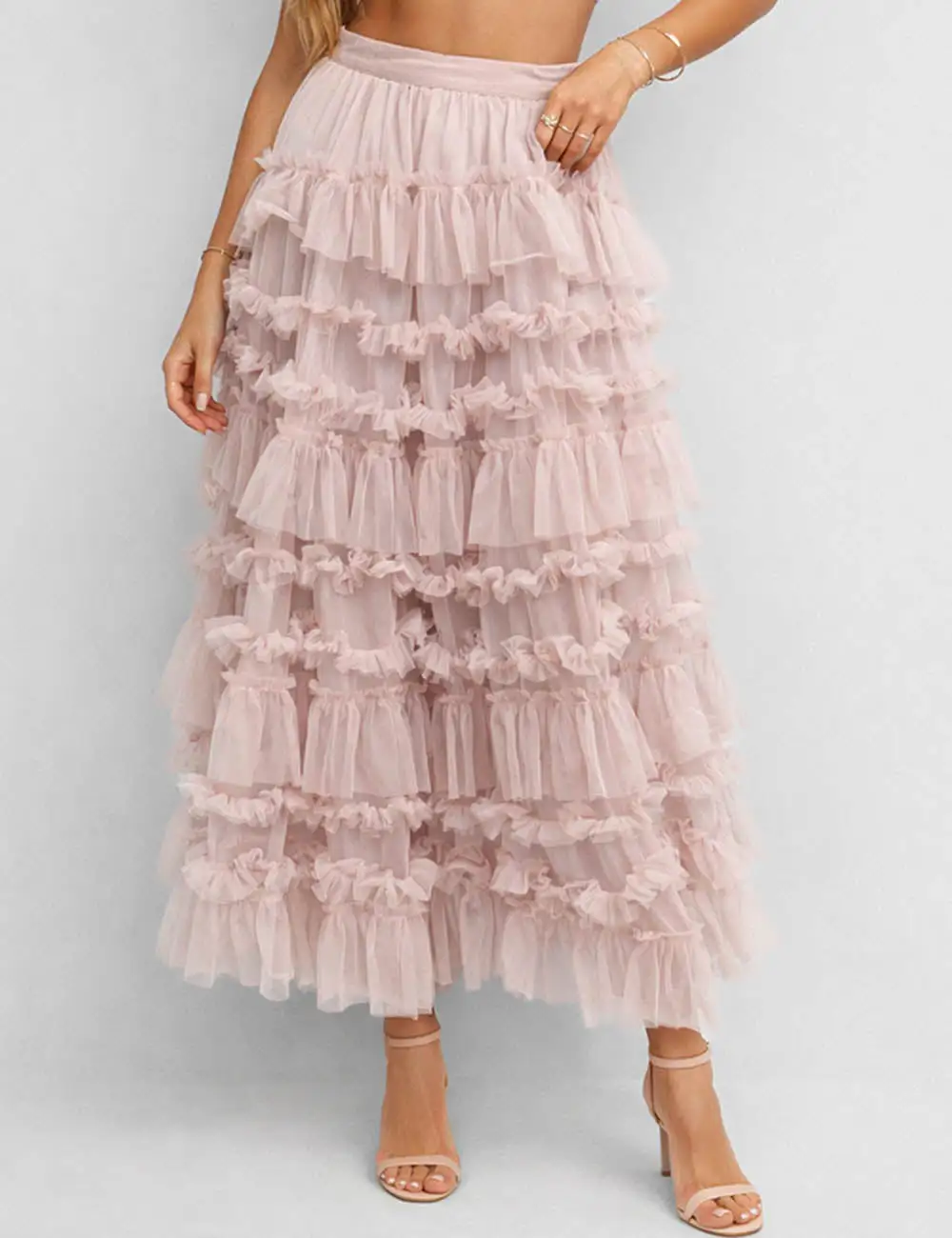 Elastic Waist Mesh Bead Tiered Ruffle Maxi Skirt