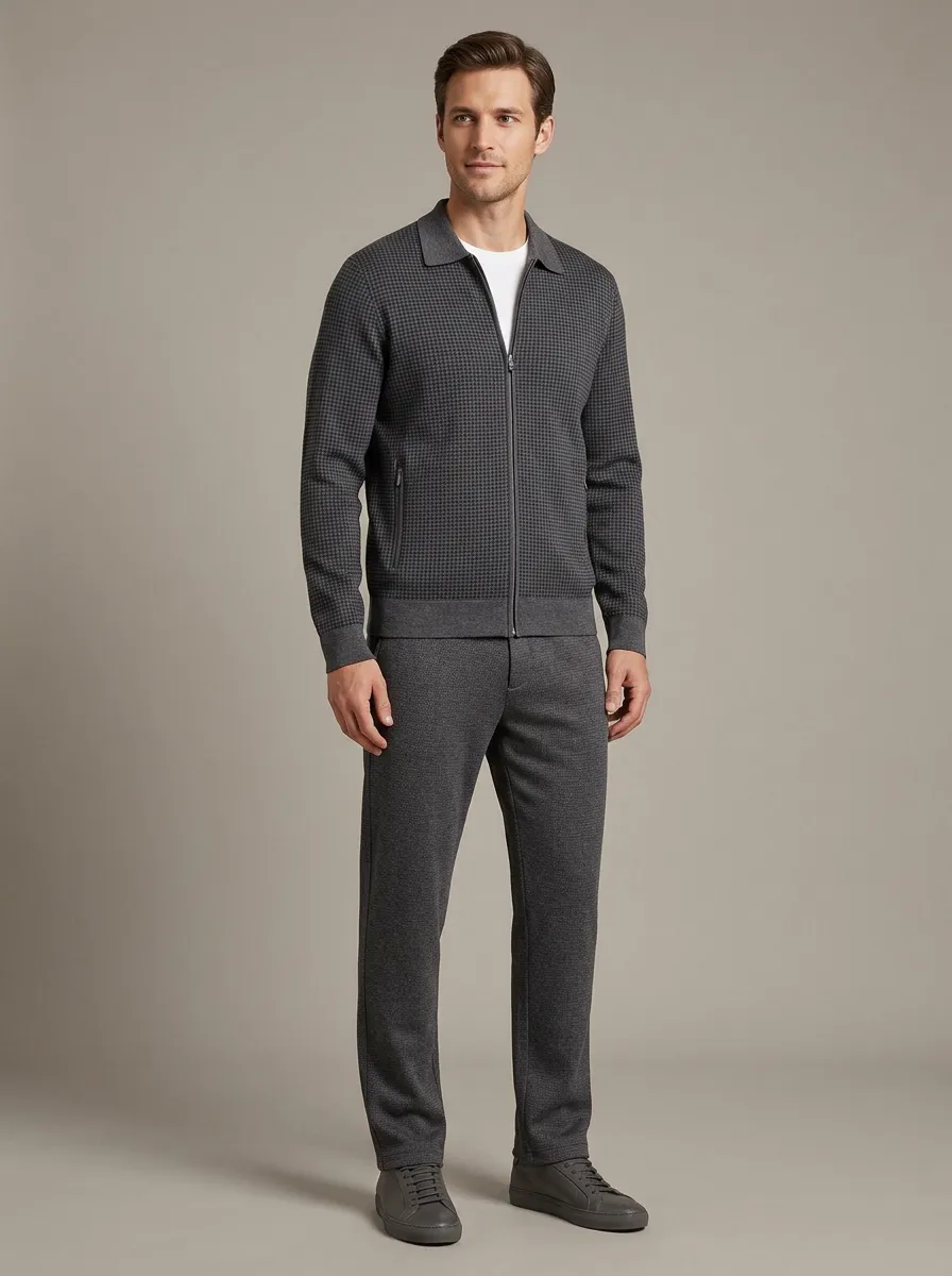 Men's Modern Houndstooth Zip-Up Polo Collar Jacket and Jogger Pants Set