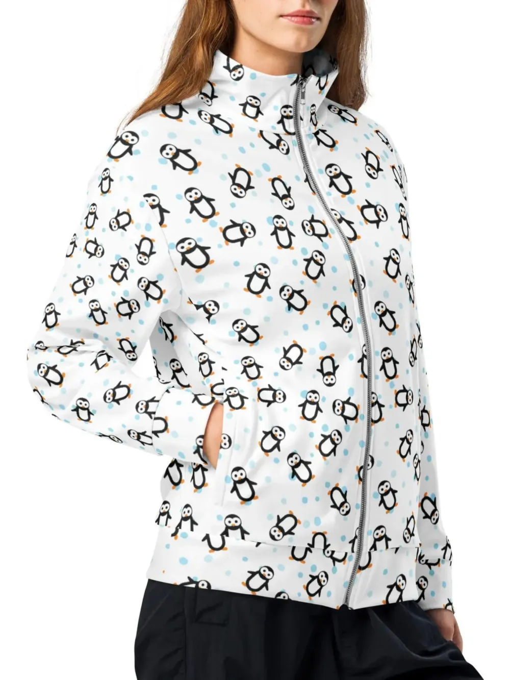 Cute Penguin Print Zip-Up Jacket