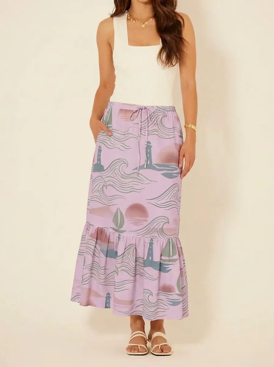 Women's Coastal Lighthouse Ocean Wave Printed Midi Skirt