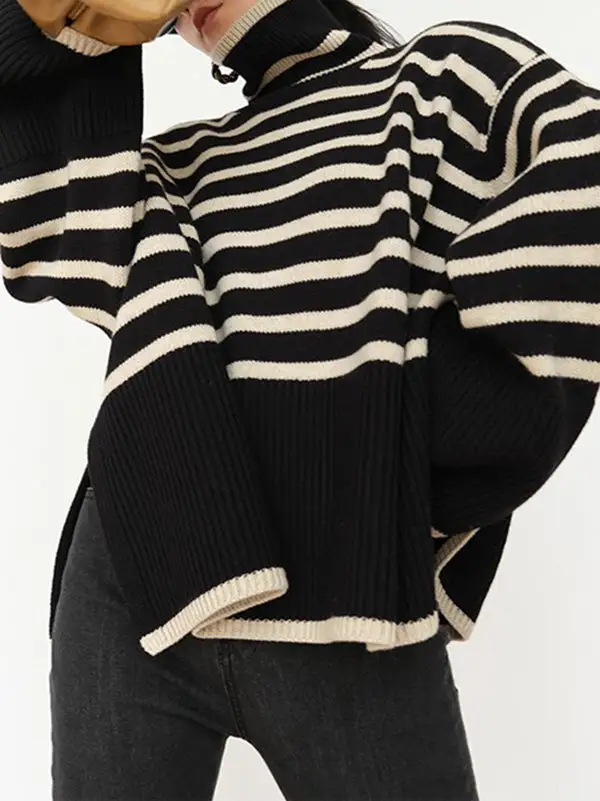Striped Split Hem Paneled High Neck Long Sleeve Relaxed Fit Sweater
