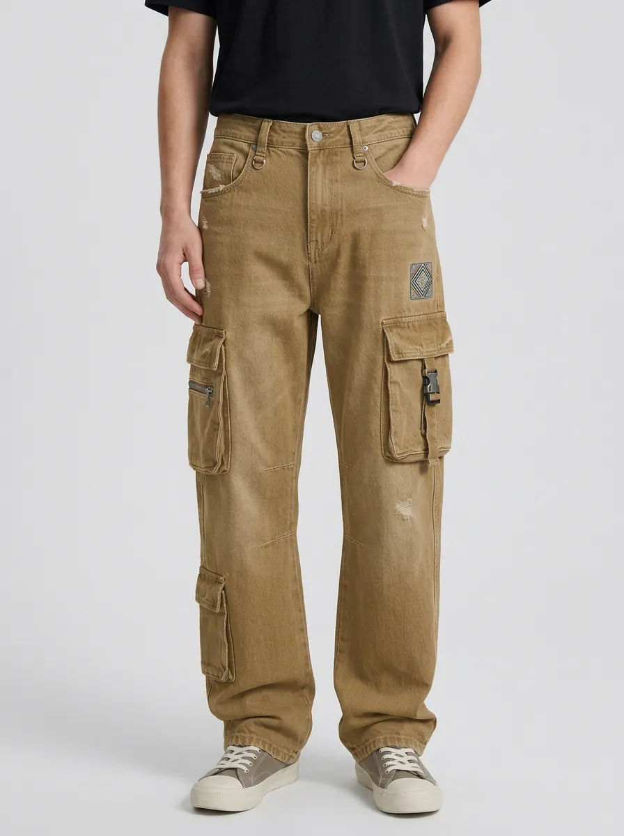 Men's Mid-Blue Geometric Detail D-Ring Relaxed Denim Cargo Pants