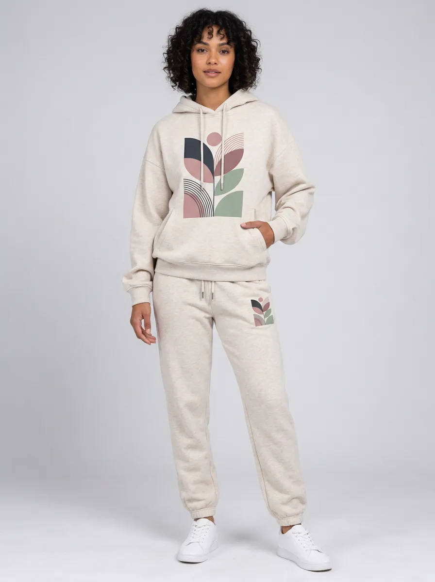 Women's Oatmeal Solid Hoodie & Pants Set