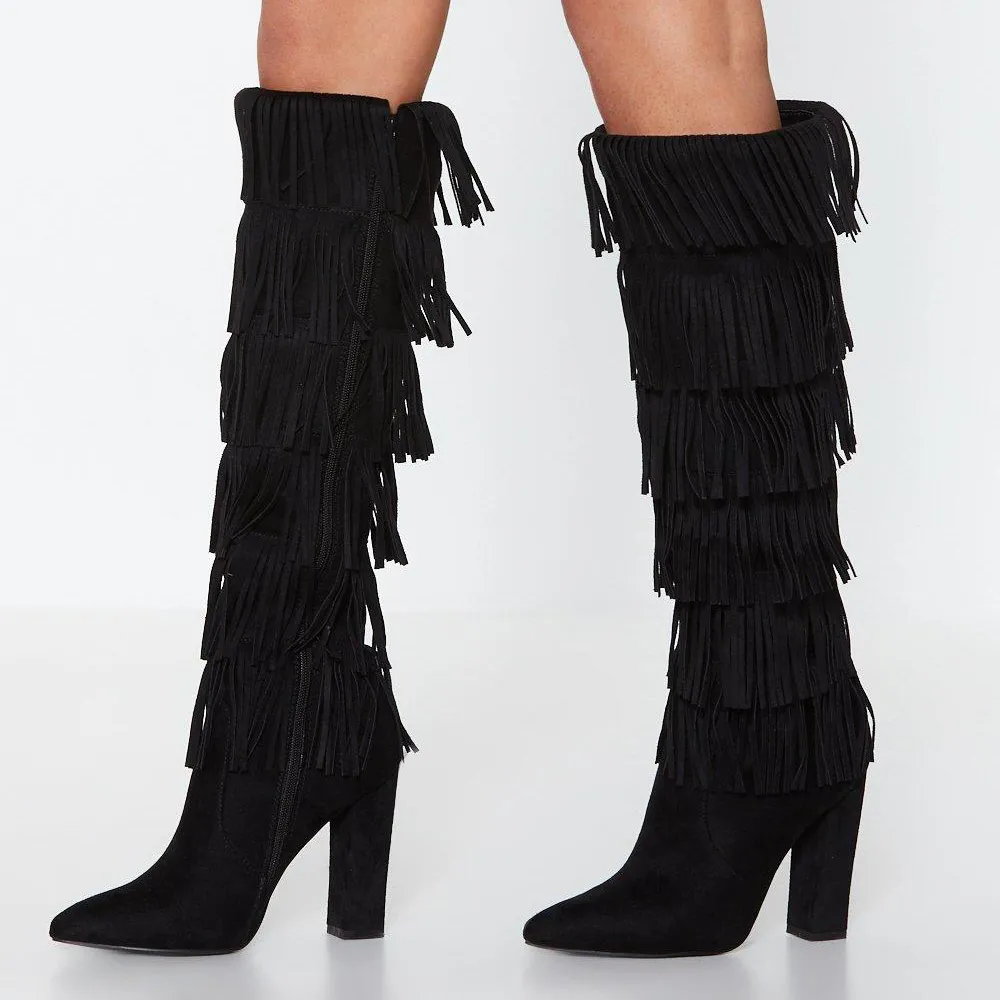 Faux-Suede Zip-Up Pointed-Toe Chunky-Heel Knee-High Boots