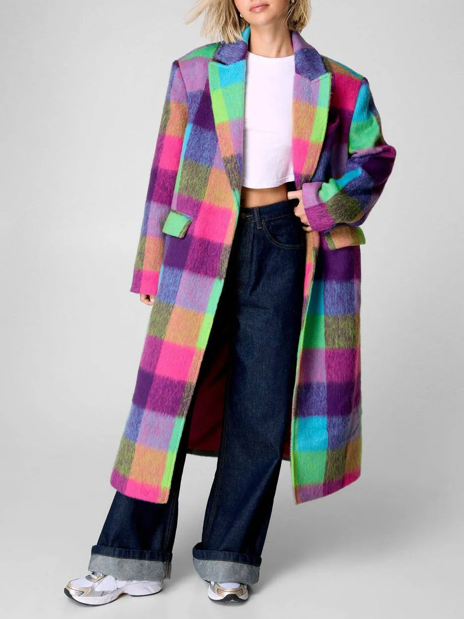 Women'S Contrast Plaid Fuzzy Long Coat