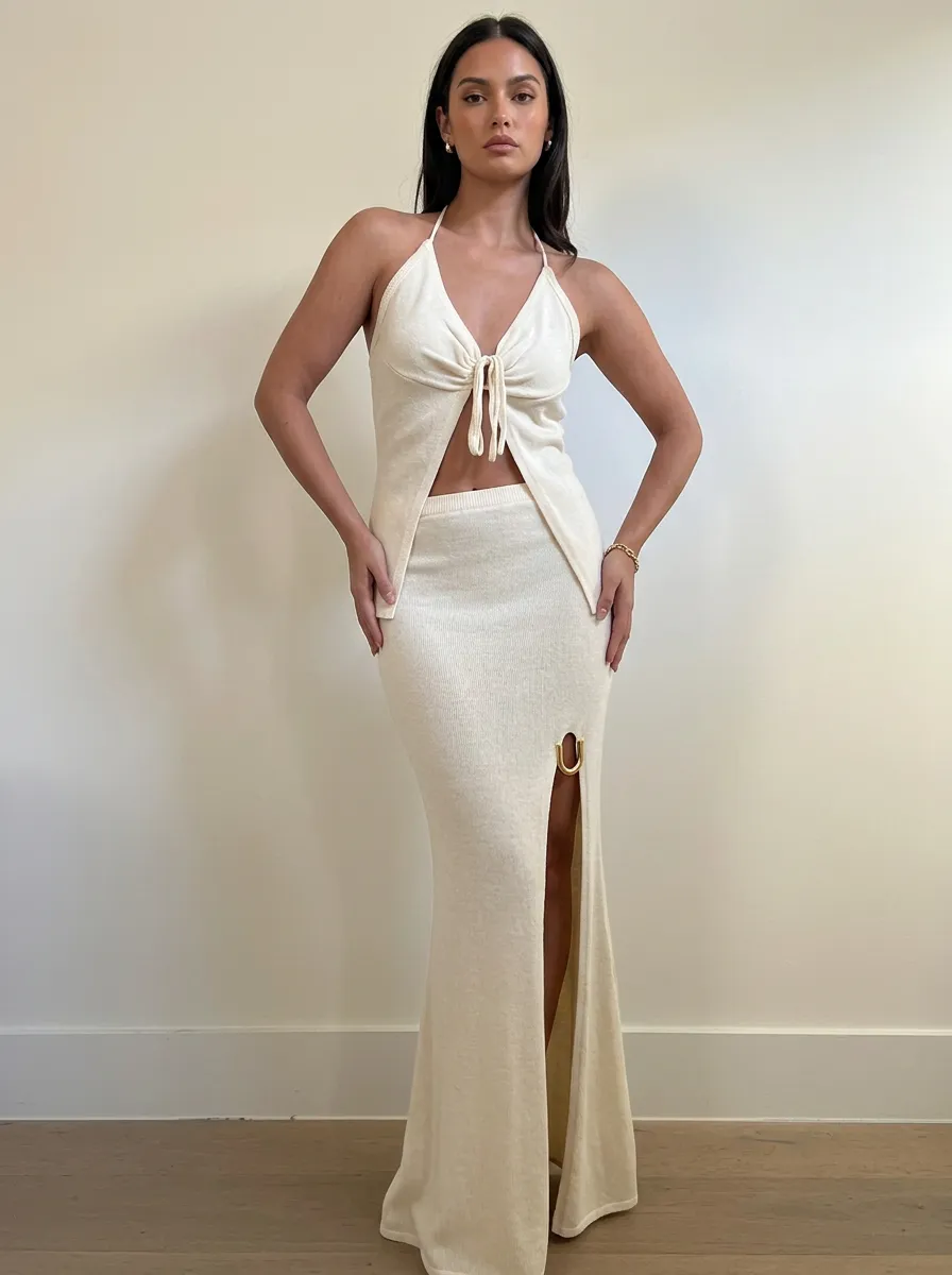 Women's Sexy Halter Tie-Front Slit Skirt Knit Two-Piece Set