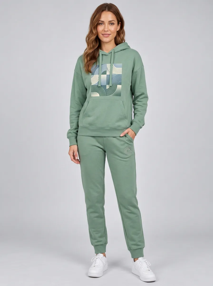 Women's Sage Green Kangaroo Pocket Relaxed Fit Solid Hoodie & Pants Set