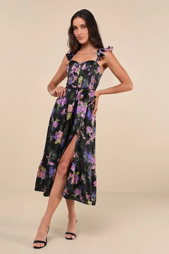 Sweet Like Sangria Pink Floral Ruffled Bustier Midi Dress