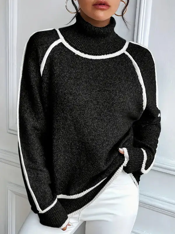 Paneled High Neck Long Sleeve Relaxed Fit Sweater