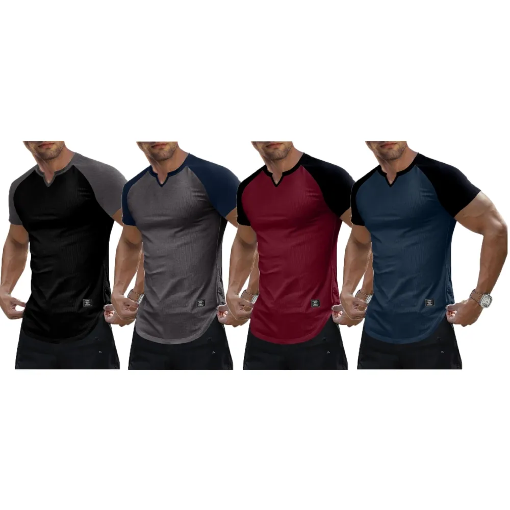 Mens Muscle Slim T Shirt V-Neck Henley