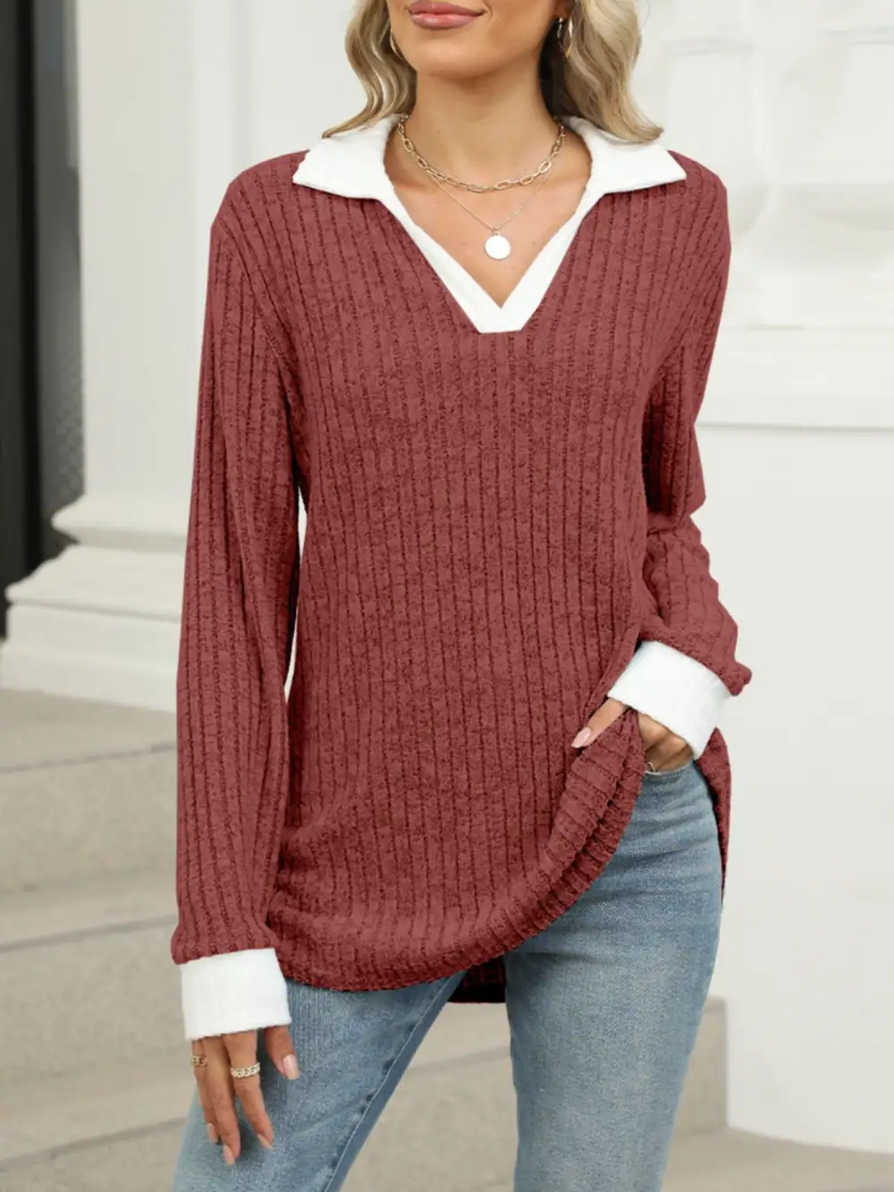 Modern Ribbed Knit Long Sleeve T-Shirt