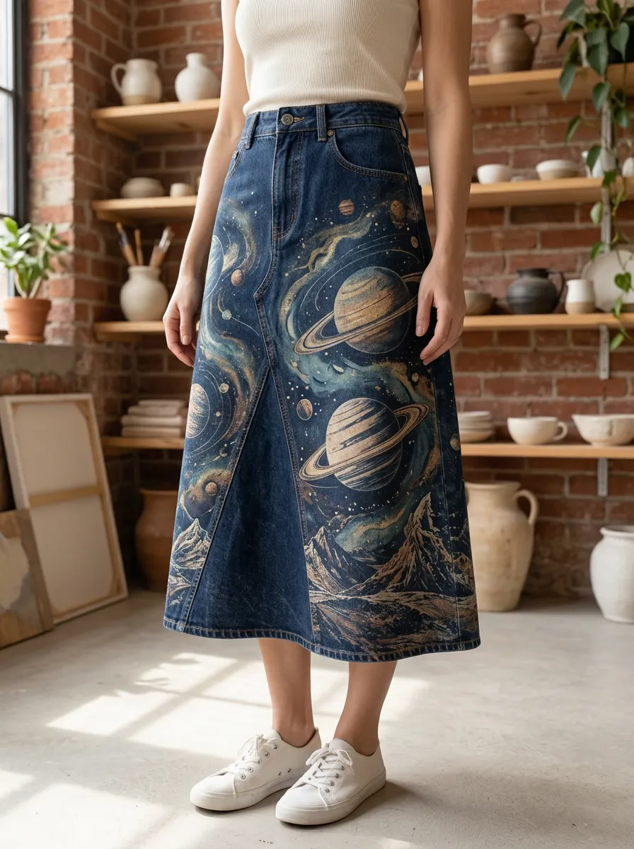Women's Space Lover Galaxy Planet Mountain Printed Denim Skirt