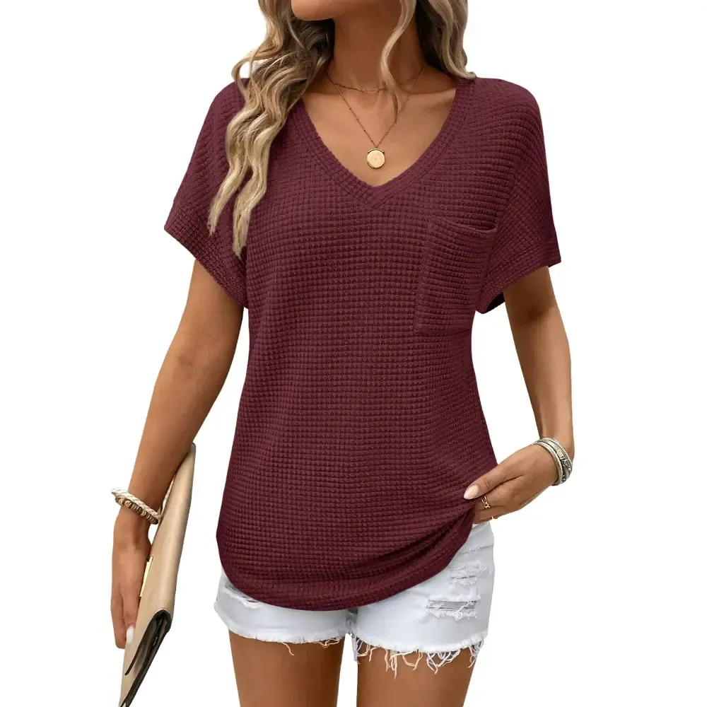 Women's Waffle Knit V-Neck Casual Summer Top