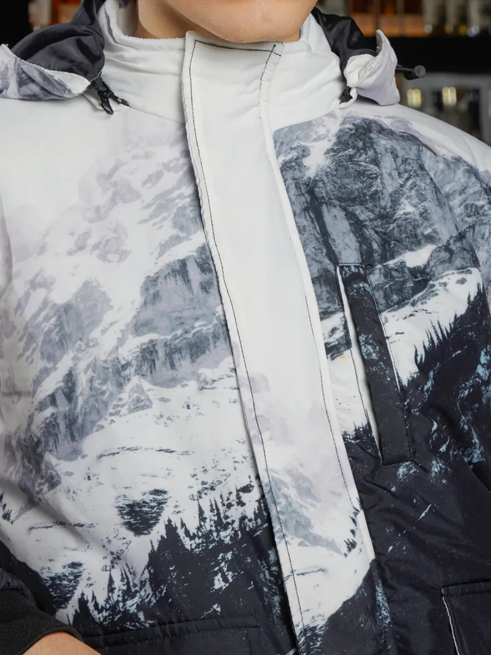 Mountain Print Hooded Puffer Jacket