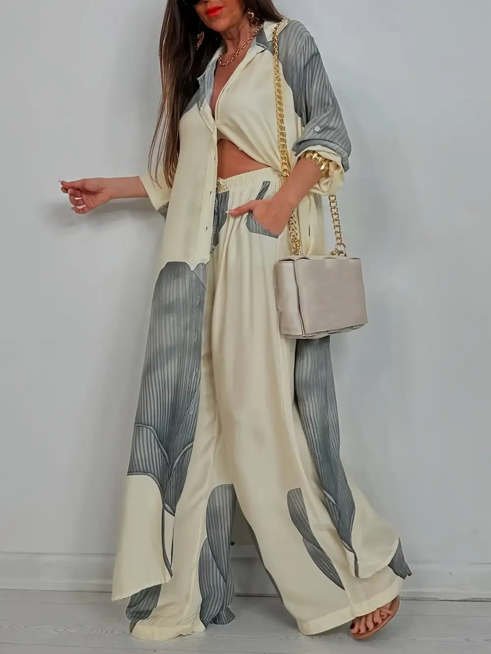 Colorblock Satin Lounge Set Oversized Shirt & Wide-leg Pants