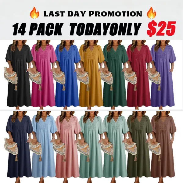 Casual V-neck puff-sleeve high-waist A-line long summer dress