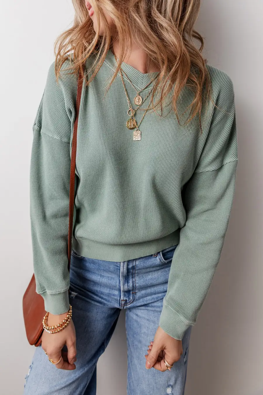 Women's Waffle Knit V Neck Drop Shoulder Top