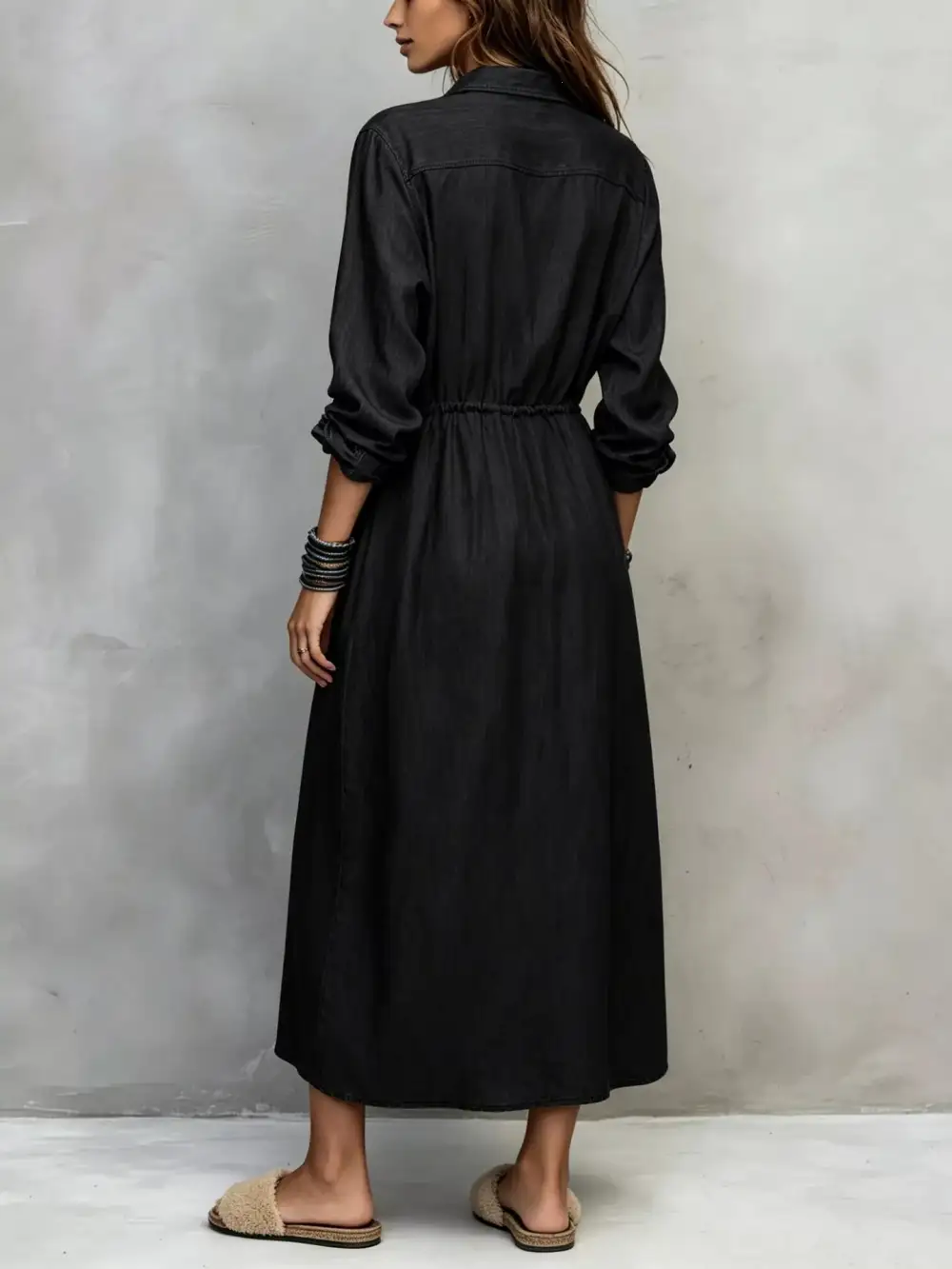 Button Front Long Sleeve Drawstring Waist Shirt Dress