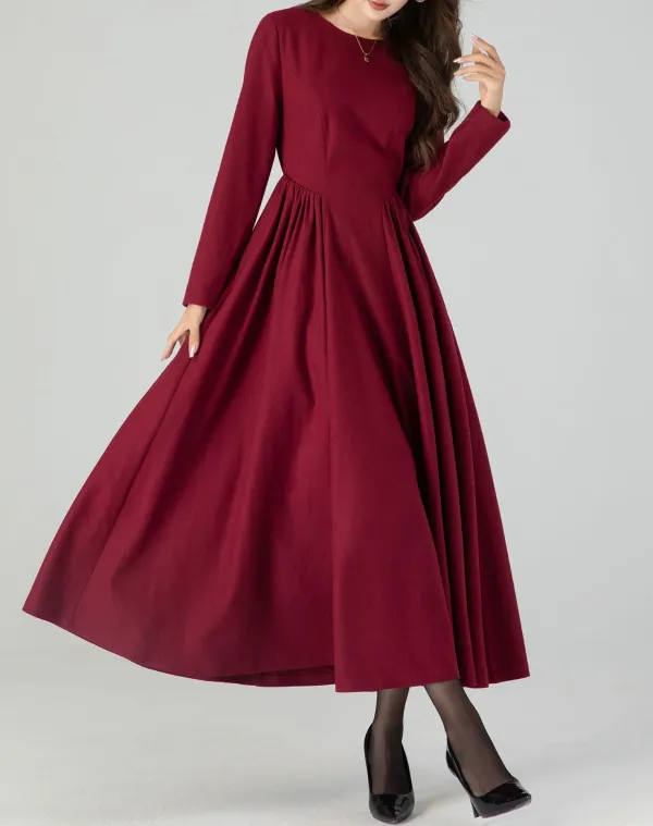Classic Wool Blend Fit And Flare Pleated Long Sleeve Maxi Dress
