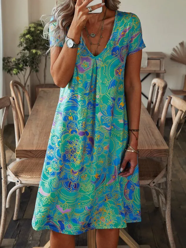 Plus size V Neck Casual Short Sleeve Printed Dress
