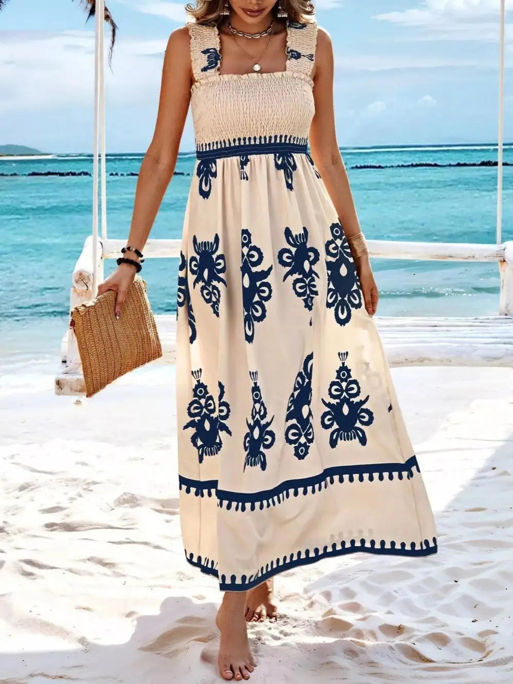 Printed Square Neck Smocked Maxi Dress