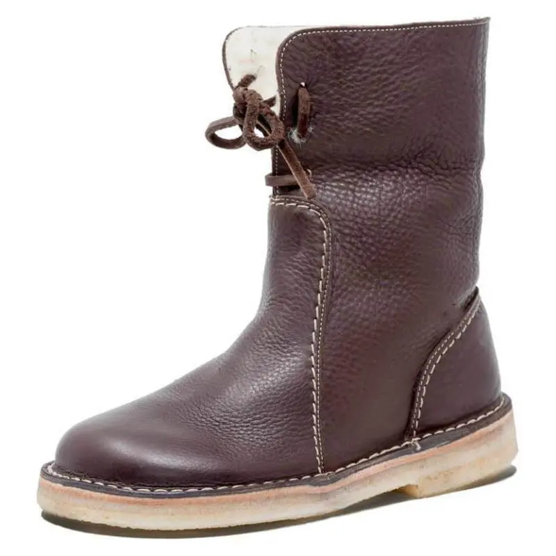 2021 new round toe snow boots plus velvet lace flat casual shoes ankle boots