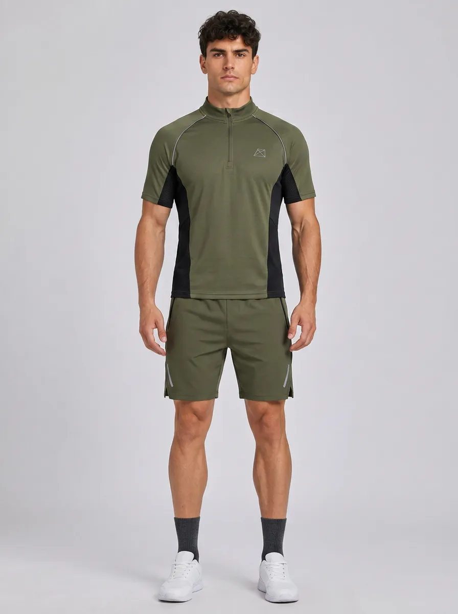 Men's Sport Fitness Olive Green Quarter Zip Printed Short Set