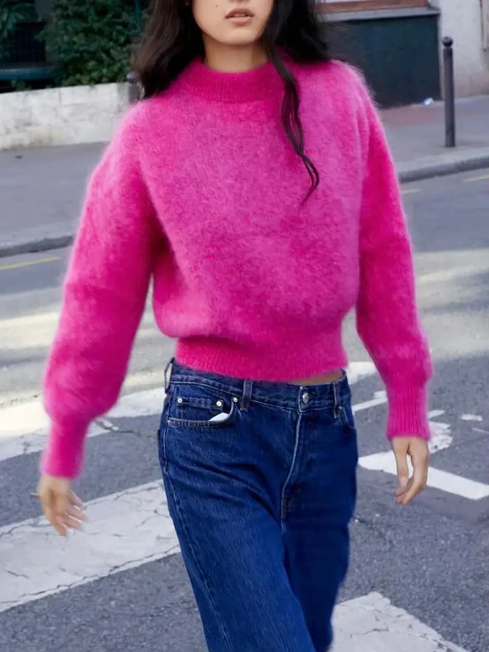 Casual Style Crew Neck Sweater Fuschia