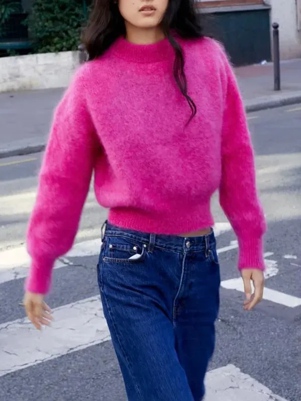 Casual Style Crew Neck Sweater Fuschia