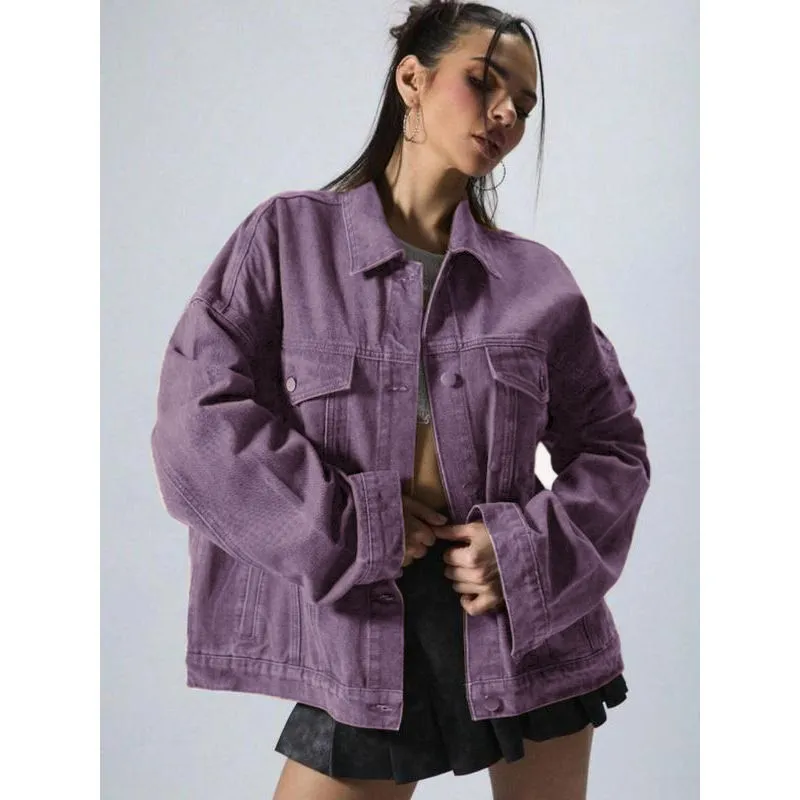 Women's Plain Button Front Drop Shoulder Denim Coat