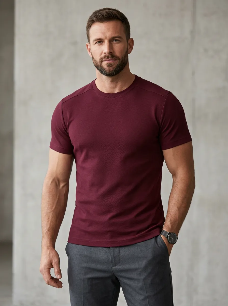 Streamlined Ribbed Crew Neck Essential Men's Slim Fit Short Sleeve T-Shirt