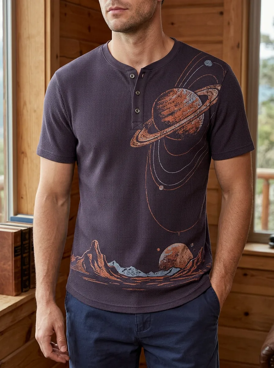Men's Classic Space Astronomy Planet Landscape Henley T-Shirt