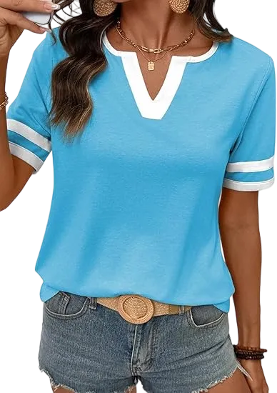 Spring/Summer Women's Casual Color Block V-Neck T-Shirt
