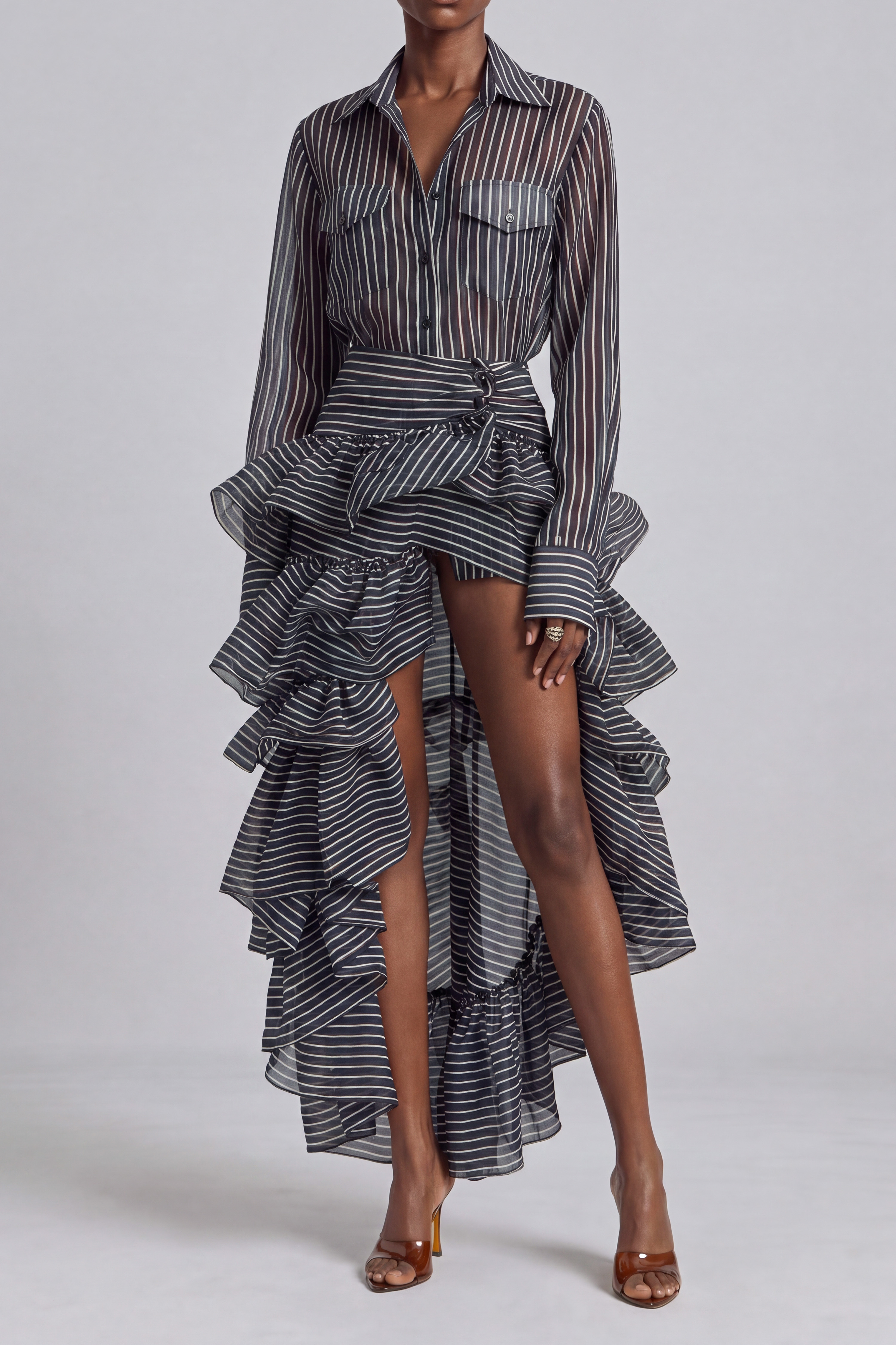 Button Front Layered Striped Midi Dress