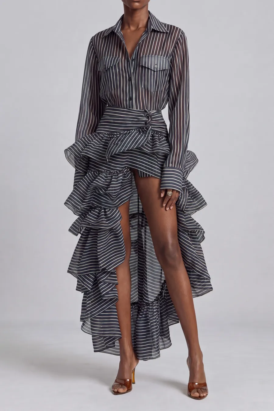 Button Front Layered Striped Midi Dress