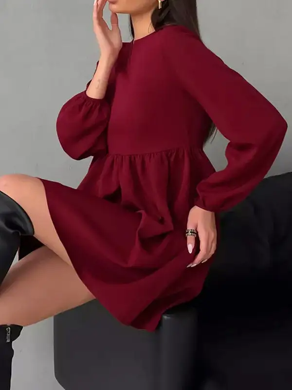 Relaxed Puff Sleeve Elasticity Pleated Solid Color Split Joint Round Neck
