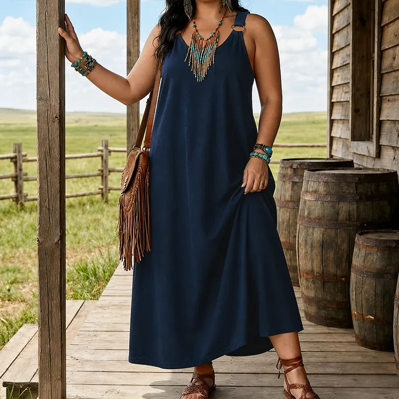Women’s Sleeveless Denim Maxi Dress with Adjustable Cross Back Straps