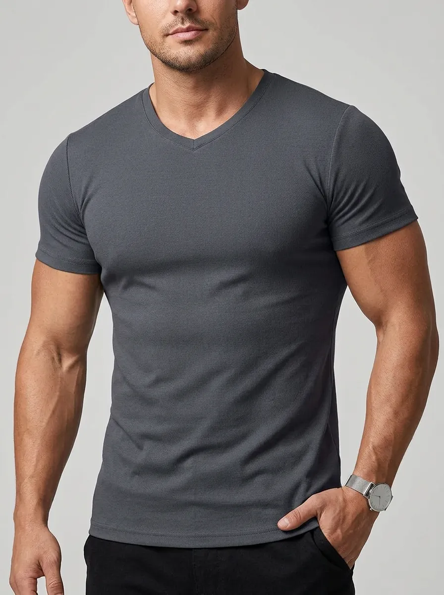 Minimal Ribbed V-Neck Essential Men's Slim Fit Short Sleeve T-Shirt