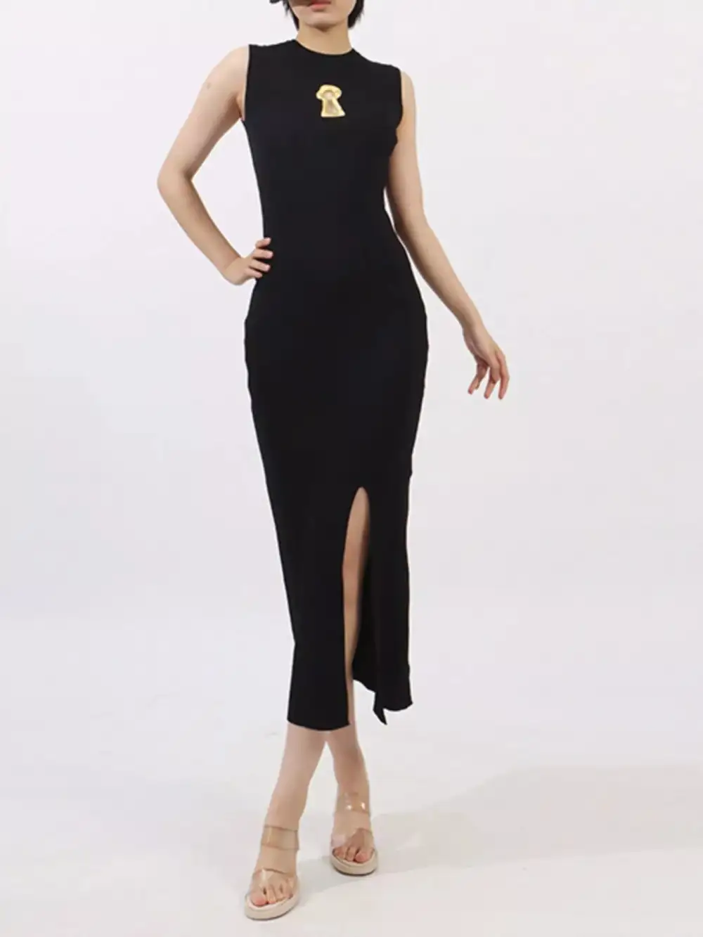 Smooth Finish Round Neck Slit Sleeveless Dress