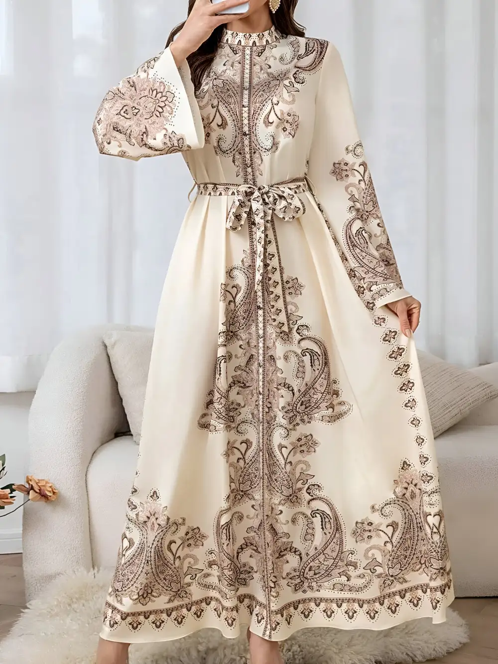 Mock-Neck Bell-Sleeve Boho Paisley Maxi Dress