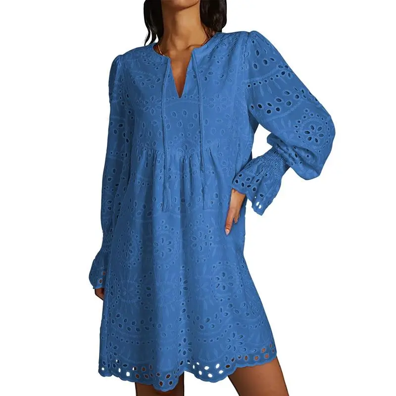 Women's 2025 Casual Dress Tassel V Neck Long Sleeve A Line Hollow Out Lace Ruffle Above Knee Dress, 100% Cotton, Comfortable Fit