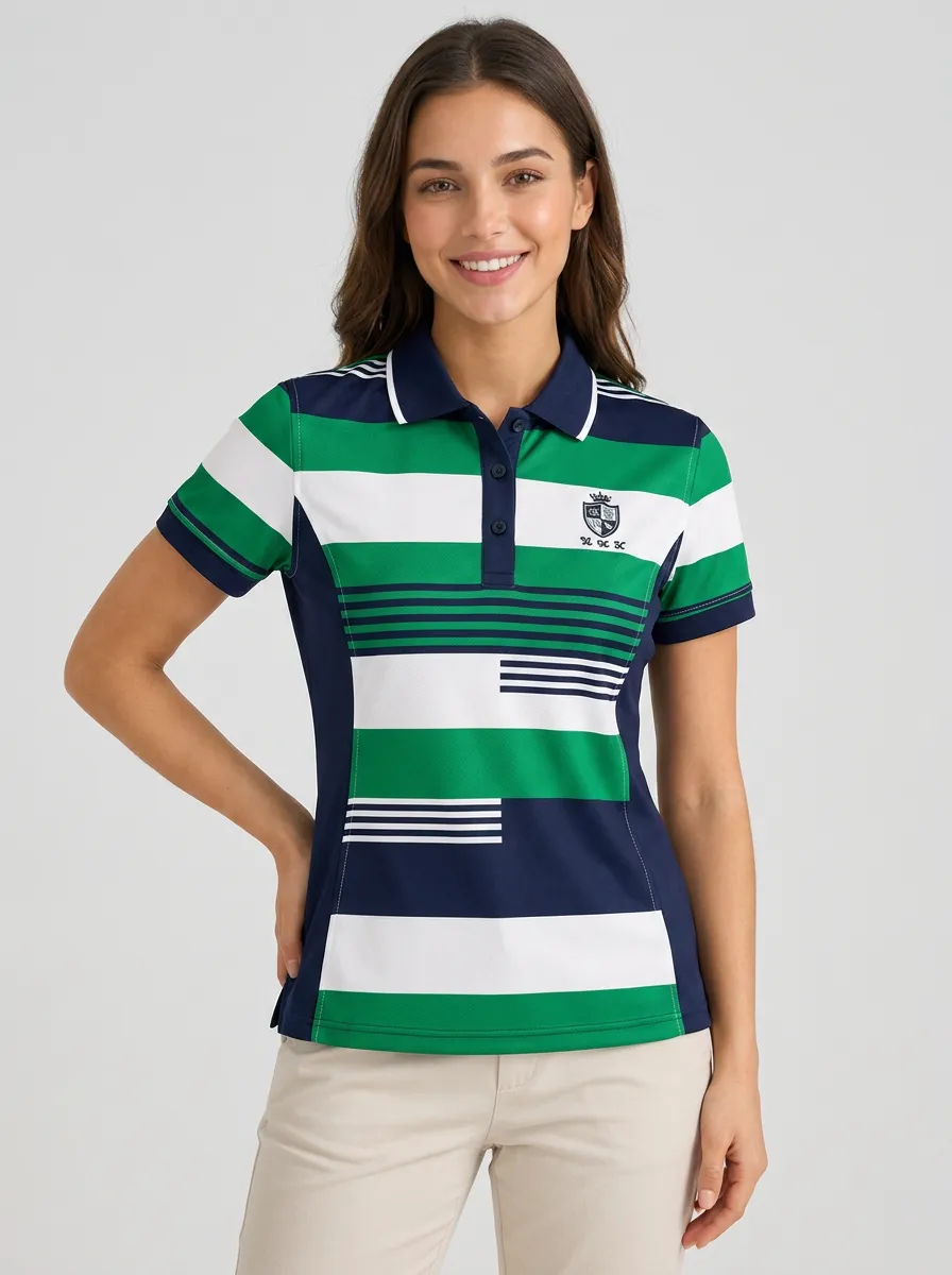 Women's Sporty Casual Green White Striped Crest Printed Polo Shirt
