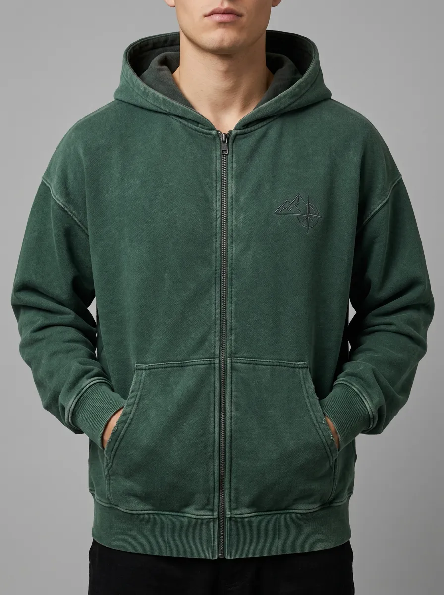 Men's Zip-Up Hoodie Featuring Outdoor Adventure Mountain Compass Chest Embroidery