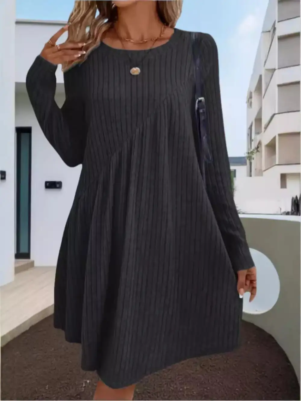 Layered Detail Ribbed Knit Long Sleeve Sweater Dress