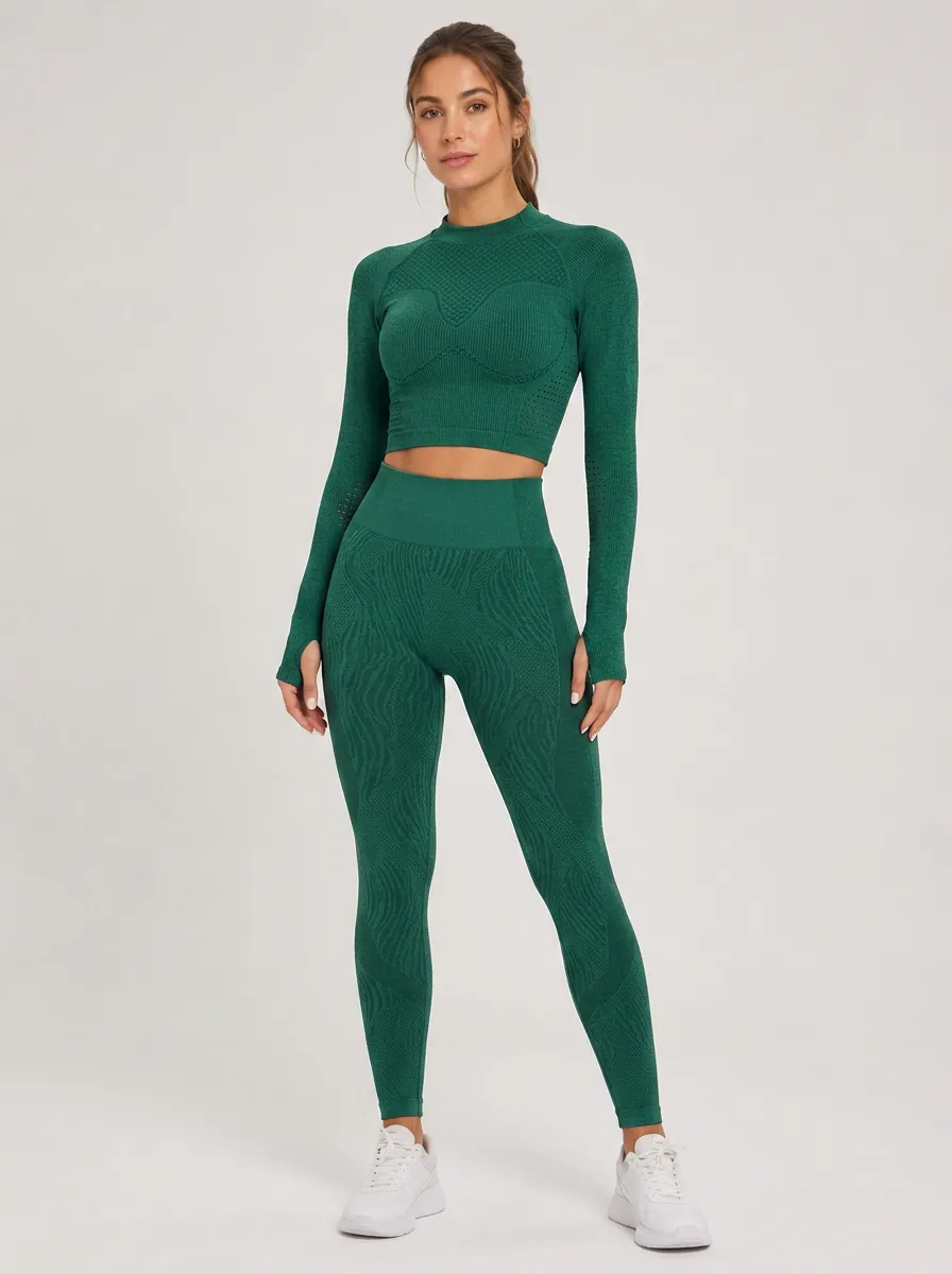 Women's Fitness Gym Wear Green Seamless Textured Printed Yoga Set