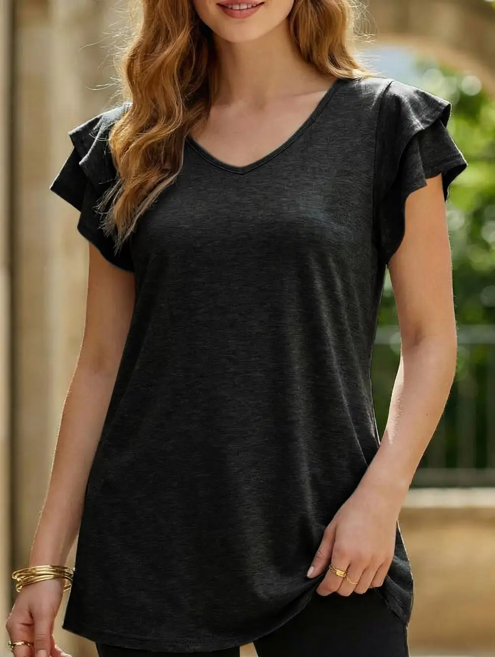 Solid Color V-Neck Ruffle Sleeve T-Shirt