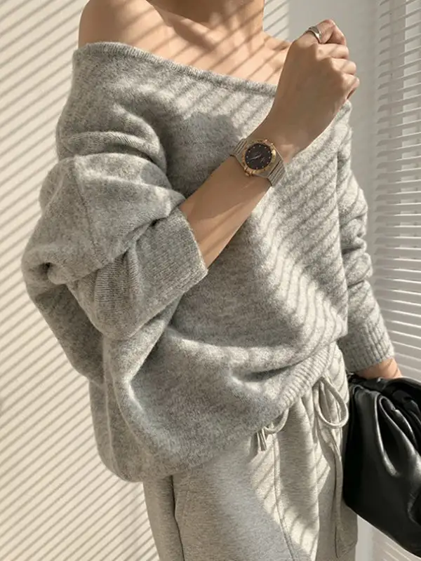 Casual Off Shoulder Long Sleeve Relaxed Fit Sweater