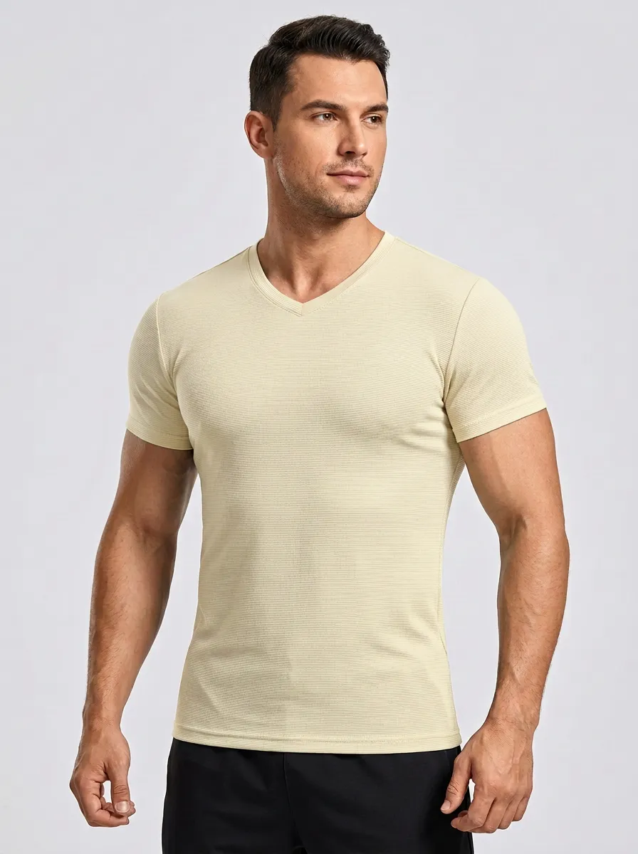 Casual Ribbed Textured V-Neck Casual Look Men's Slim Fit Short Sleeve T-Shirt