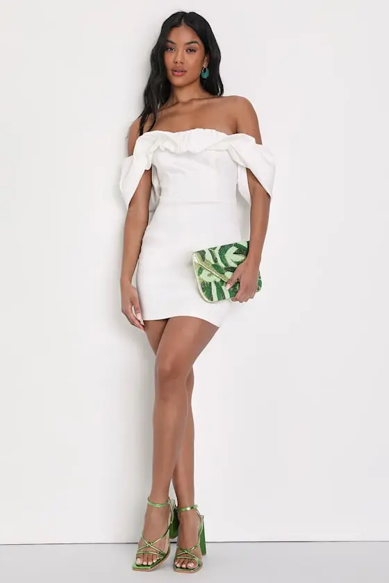 Fanciful Feat White Taffeta Off-the-Shoulder Bodycon Mini Dress