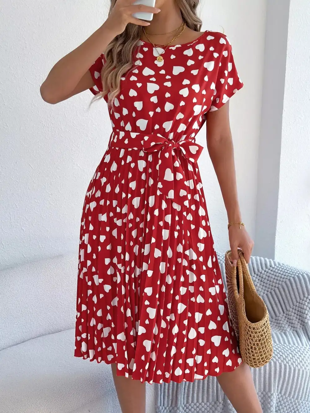 Printed Tie Waist Pleated Midi Dress